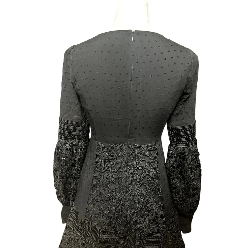 Bardot Mariah Babydoll Dress Long Sleeves Swiss Dot Lace Detailing Black XS NWOT - Picture 6 of 9